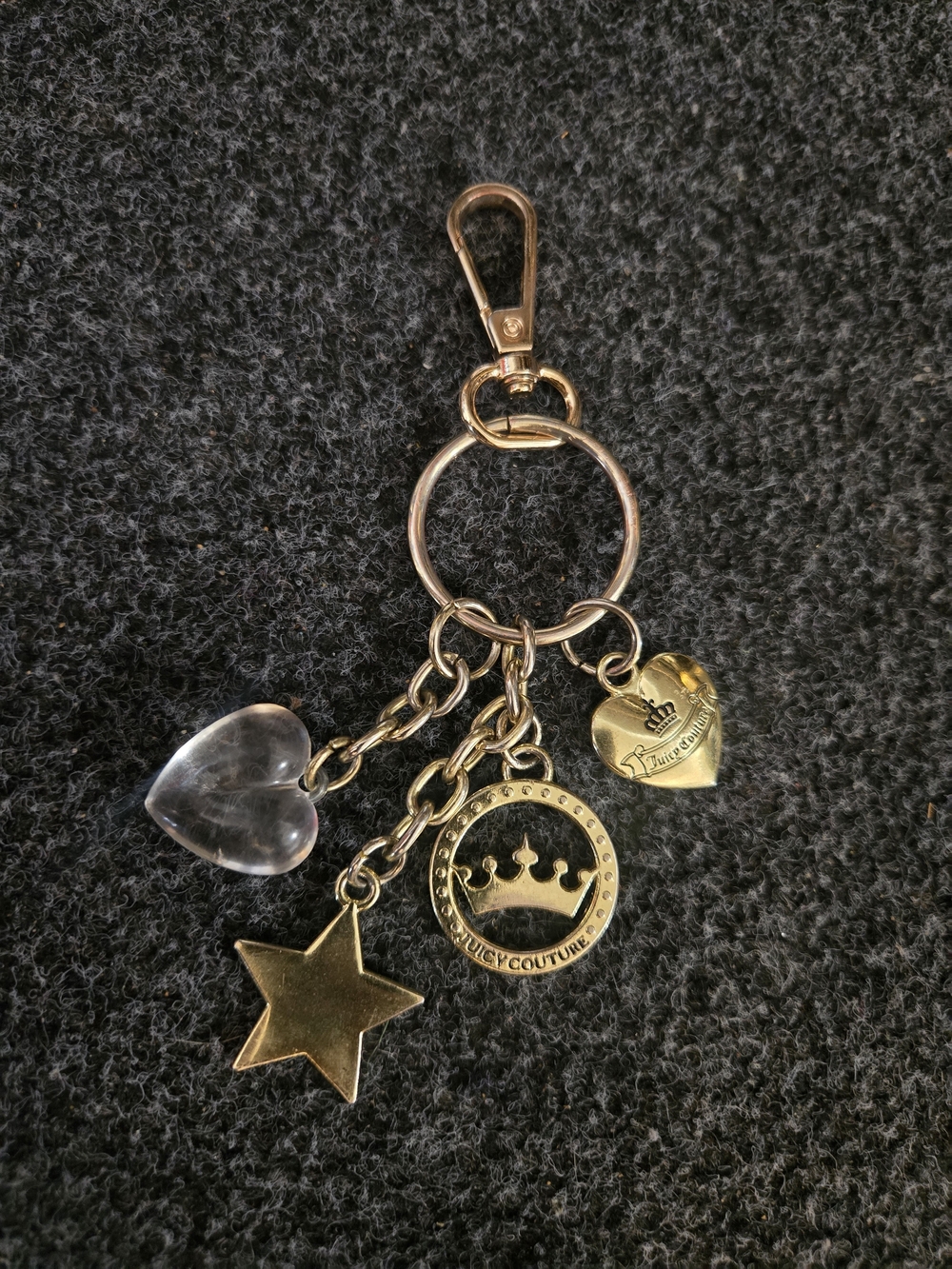Juicy Couture Gold and Clear Charm Keychain with Heart, Star & Crown